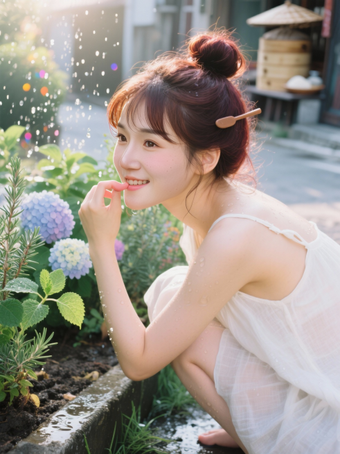 场景创意：夏日清晨的社区花圃 · 浇水时的微光顿悟
镜头从洒水壶喷出的细密水雾中穿过——水珠在晨光中如碎钻飞溅，落在绣球、薄荷与迷迭香的叶片上，折射出七彩光斑。空气里浮动着泥土湿润的腥气、草叶清冽的香预览效果