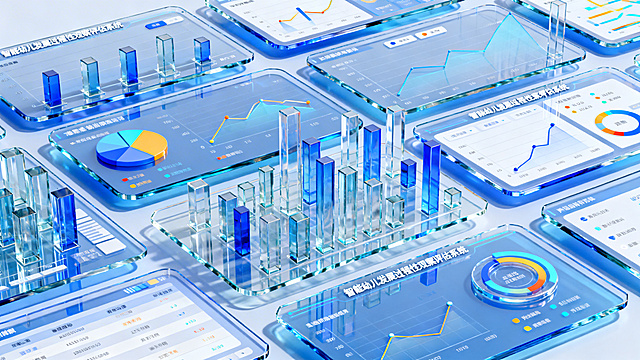 核心内容为智能幼儿发展过程性观察评估系统，融合参考图片蓝色透明玻璃科技风格，设计多模块丰富布局，大量使用玻璃材质的柱状图、饼图、折线图、环形图等各类数据图表，不包含任何小孩/儿童形象，整体采用干净明亮的清透蓝色调，玻璃材质通透清晰，智能评估系统由多个不同数据展示模块组合而成，内容丰富层次分明，不要出现任何文字文本内容，3D立体科技风格