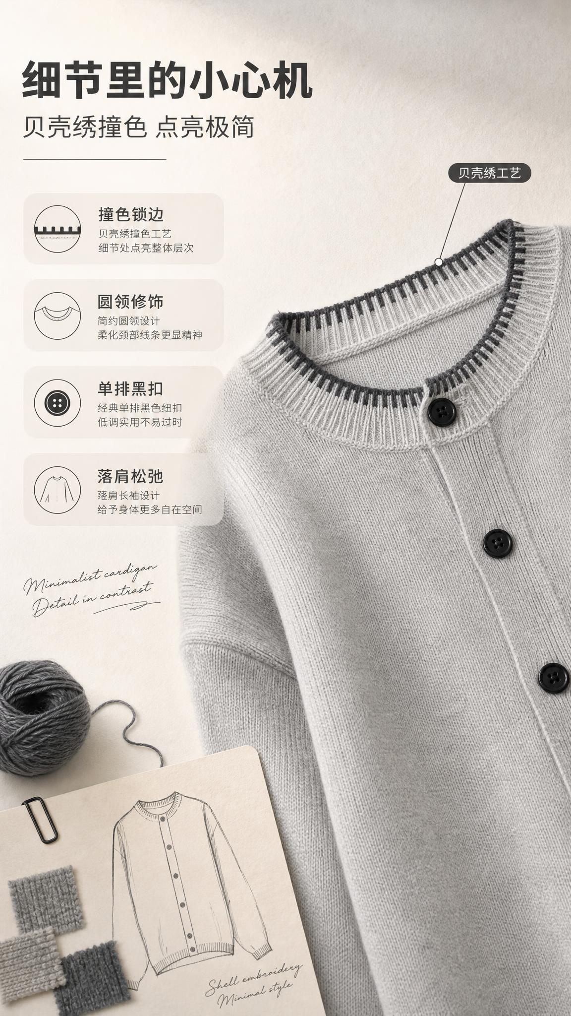 [商品] 使用【图1】浅灰色圆领针织开衫；商品处理：保留圆领、… - 图片创意预览