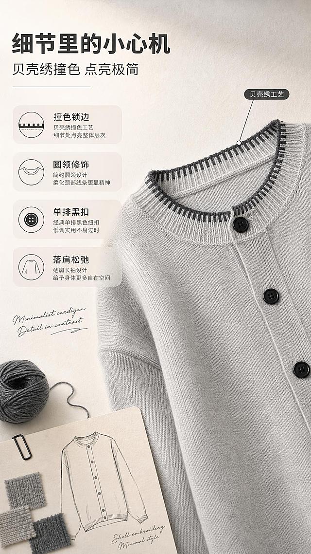 [商品] 使用【图1】浅灰色圆领针织开衫；商品处理：保留圆领、单排黑色纽扣、贝壳绣撞色领边/下摆/袖口、落肩长袖、宽松廓形、浅灰色针织面料和整体版型；自然去除衣身杂乱褶皱，理顺垂坠，增强针织纹理、缝线和纽扣质感，不改变版型、颜色和结构。
[画面] 目标：设计理念页，阐述贝壳绣撞色与极简开衫的设计灵感。构图：左文右图，左侧为设计理念文字区，右侧为开衫领口与门襟的斜侧特写，叠加色卡、线团、设计手稿小元素；产品占画面55%；阅读动线从左到右再向下；前景为米白色卡纸与深灰色线团，中景为开衫局部，后景为浅米色肌理背景。
[视觉] 套系策略：风格=韩系轻熟通勤高级商业摄影；标题字=现代简约无衬线粗体；正文字=纤细无衬线体；主色=浅灰米杏；背景延展=基于浅灰与米杏做深浅层级、同色渐变和细腻织物/纸张质感；强调色=深炭灰，仅用于小面积图标、引线和标签；标题色=深炭灰；正文色=中暖灰；组件=圆角浅底信息卡、细线引线、手写英文装饰；光影=左前侧暖柔光，柔和自然阴影。
[文字] 左侧上方主标题"细节里的小心机"，副标题"贝壳绣撞色 点亮极简"，下方4个设计关键词：撞色锁边、圆领修饰、单排黑扣、落肩松弛；右侧领口处用细线引出"贝壳绣工艺"小标签。
[规格] 图片比例9:16竖版，4K，避免变形、错字、文字过小、冷蓝背景、衣服颜色改变、版型失真、极限词。