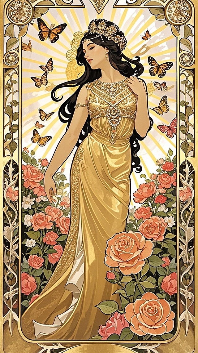复古穆夏风插画，鎏金奢华礼服，唯美女神与蝴蝶共舞，欧洲宫廷艺术美感。