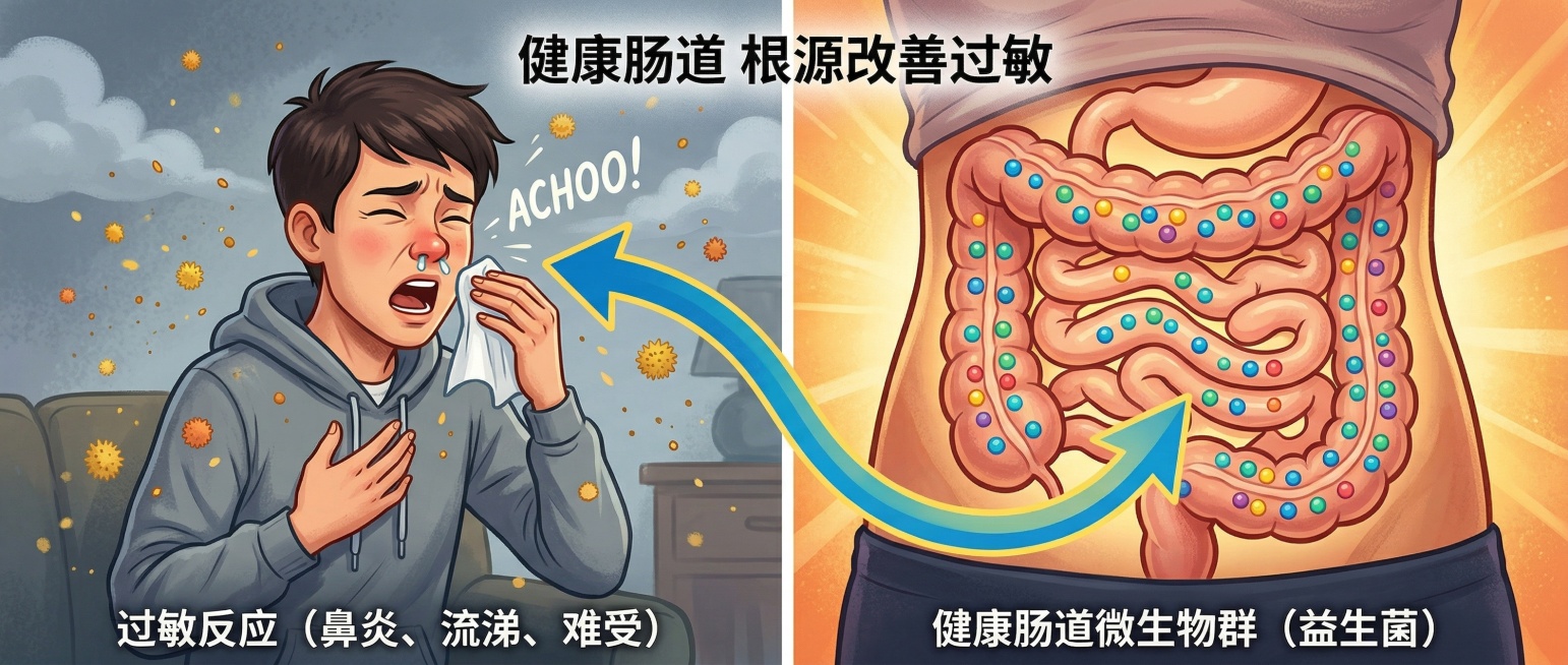科普插画风格，左右对比构图。左侧是一位年轻人正在打喷嚏、流鼻涕，表情难受，背景略带灰暗，周围有漂浮的花粉颗粒。右侧是该人物腹部区域的肠道透视特写，肠道内排列着整齐的彩色益生菌小圆点，肠道壁完整光滑，背预览效果