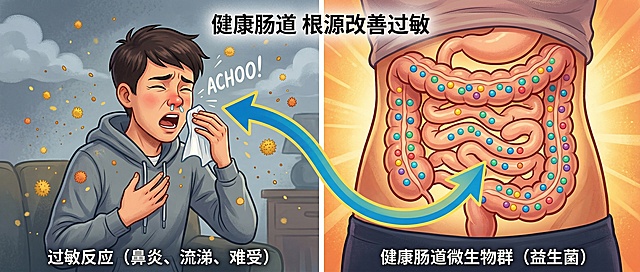 科普插画风格，左右对比构图。左侧是一位年轻人正在打喷嚏、流鼻涕，表情难受，背景略带灰暗，周围有漂浮的花粉颗粒。右侧是该人物腹部区域的肠道透视特写，肠道内排列着整齐的彩色益生菌小圆点，肠道壁完整光滑，背景温暖明亮如发光。中间有一条弯曲的箭头从肠道指向鼻子和皮肤，寓意肠道健康决定过敏状态。整体传递“养护肠道，从根源改善过敏”的核心信息，风格生动、清晰、有视觉冲击力。