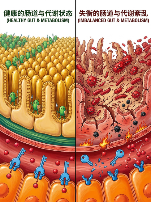 高清医学解剖插画风格，左右分屏对比设计。左侧（健康状态）： 健康的肠道内壁，绒毛整齐茂密，像金色的麦田。绿色的有益菌士兵整齐排列，组成坚固的屏障。血管中胰岛素（用蓝色钥匙表示）顺利打开细胞大门，血糖（预览效果