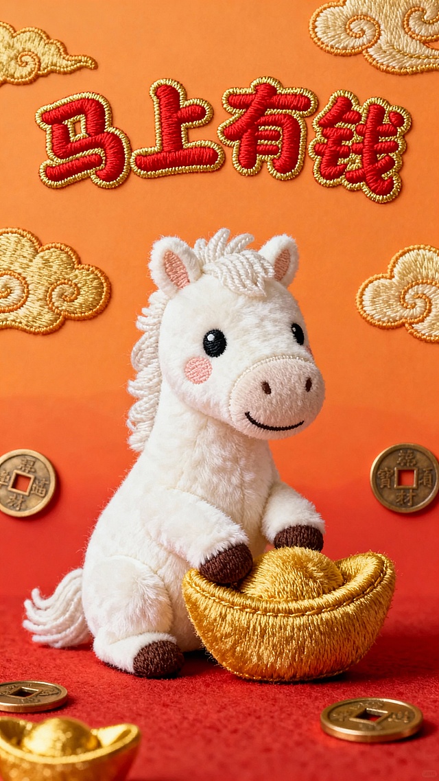 刺绣风与国潮元素结合，萌趣小马坐拥金元宝，喜庆红橙背景衬托卡通感十足的中式吉祥画面，传递“马上有钱”的节日祝福。
