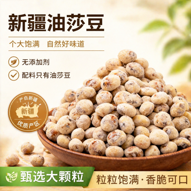 基于这张油莎豆图片制作一张电商主图，保留木盘里饱满油莎豆的主体展示，干净自然的食品电商主图风格，添加文案："新疆油莎豆，个大饱满，无添加剂，配料只有油莎豆。产自新疆，甄选大颗粒"，排版清晰美观突出产品预览效果