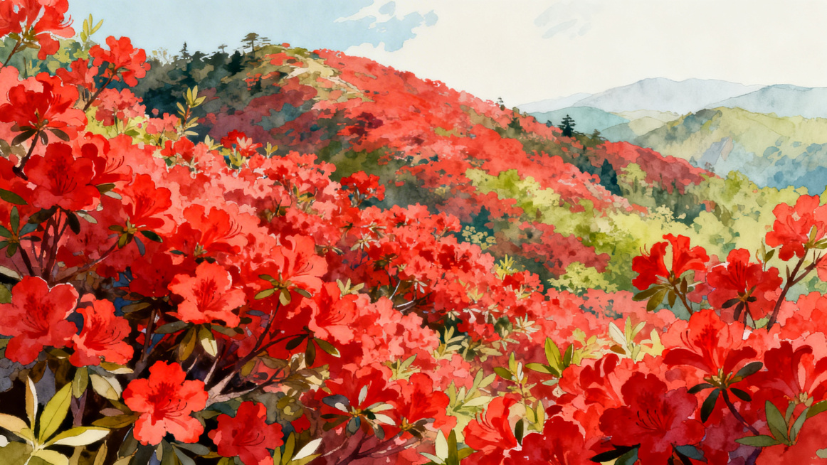 大片盛开的映山红风景，横版构图，插画风格，漫山遍野鲜艳的红色花朵，春意盎然，景色优美清新，艺术插画，色彩明亮饱和预览效果