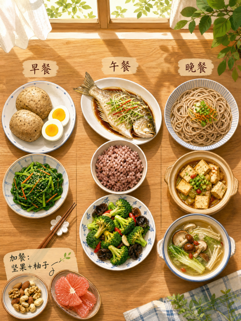一日三餐拼盘俯视插画，左侧早餐区域：杂粮馒头+水煮蛋+凉拌菠菜；中间午餐区域：杂粮饭+清蒸鱼+炒西兰花木耳；右侧晚餐区域：荞麦面+炖豆腐+菌菇蔬菜汤，角落标注加餐"坚果+柚子"，木纹餐桌质感，窗外自然预览效果