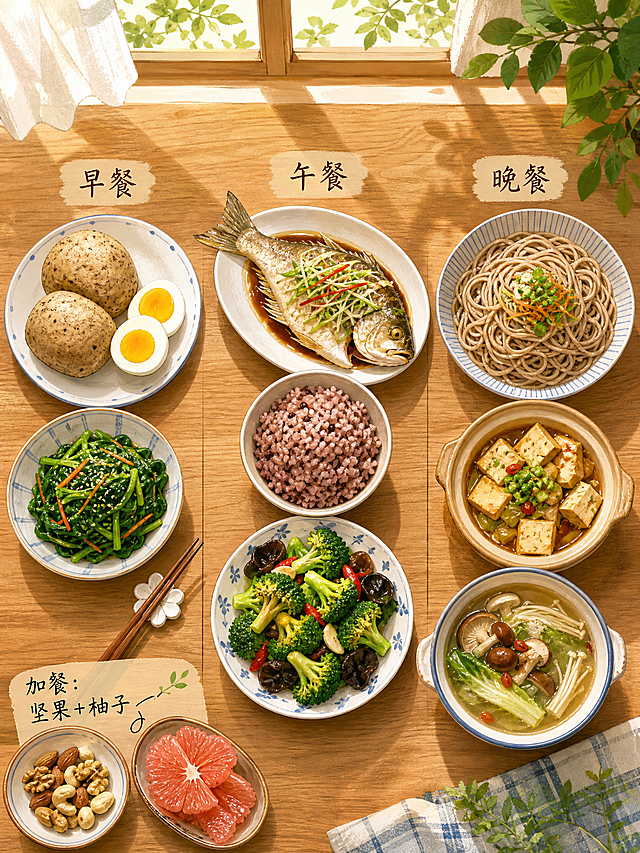 一日三餐拼盘俯视插画，左侧早餐区域：杂粮馒头+水煮蛋+凉拌菠菜；中间午餐区域：杂粮饭+清蒸鱼+炒西兰花木耳；右侧晚餐区域：荞麦面+炖豆腐+菌菇蔬菜汤，角落标注加餐"坚果+柚子"，木纹餐桌质感，窗外自然暖光洒入，生活气息浓厚，适合收尾配图。