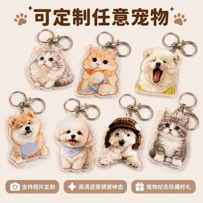 「图片1」，生成电商主图（5张），商品名称是宠物亚克力钥匙扣，卖点是无毛刺一体切割，异形自由定制，宠物纪念礼品首选，适配淘宝/天猫平台，主图比例为1:1预览效果