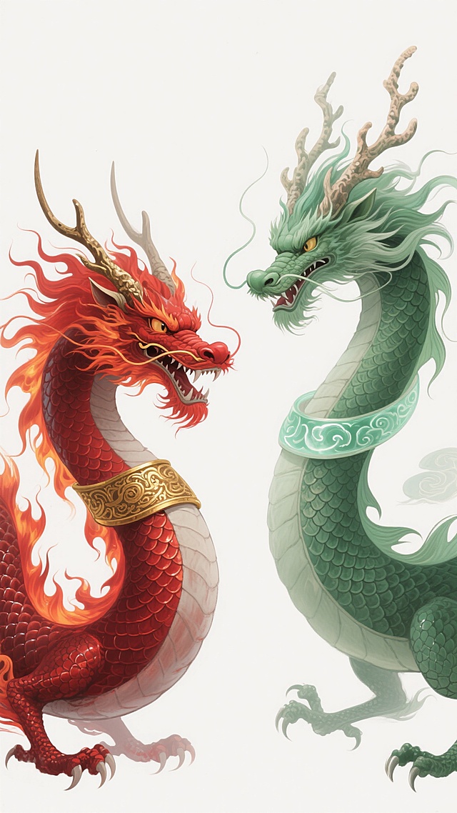 中国传统神话风格龙形生物，白色背景，左侧为通体赤红、鬃毛似燃烧火焰、龙角锐利带金色纹路、鳞片呈暗红金属光泽、佩戴金色火焰纹项圈的怒目咆哮造型神龙，右侧为通体翠绿、鬃毛如飘逸柳叶、龙角分支似珊瑚、鳞片呈翡翠半透明质感、佩戴玉色云纹项圈的优雅盘旋造型神龙，两者均保持相同的东方玄幻插画风格，线条流畅细腻，带有中国水墨韵味的渐变色彩，头部朝向相对，身体姿态各异，规整对称排布于画面中央，整体构图平衡协调，细节丰富，展现威严神秘的神兽气息。