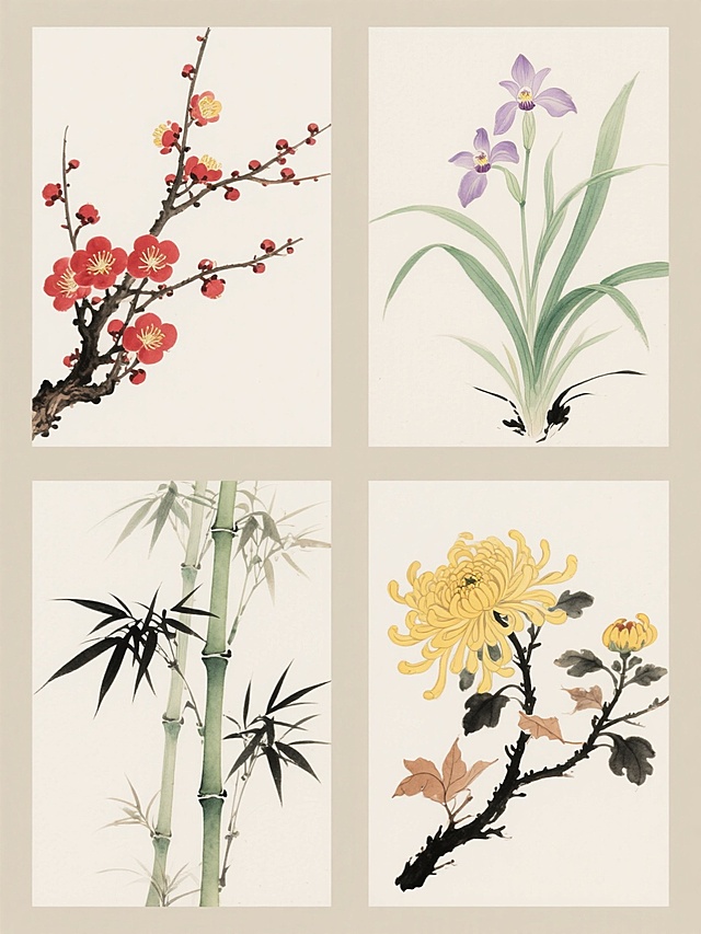 中国传统工笔淡彩风格，古香古色，纯色背景，四幅植物素材集合规整排布。每幅均采用细腻流畅的线条勾勒轮廓，辅以淡雅透明的水彩晕染技法，呈现柔和的光影过渡和温润的质感。第一幅为红梅，虬曲枝干上点缀着胭脂红的梅花，花蕊呈鹅黄；第二幅是幽兰，嫩绿兰草舒展，淡紫色花瓣雅致，叶片有细微的墨色晕染；第三幅为翠竹，挺拔竹节以墨色勾勒，竹叶呈青翠渐变色，疏密有致；第四幅乃黄菊，金黄花瓣层层叠叠，墨色枝干旁有浅赭石色枯叶点缀。整体色彩和谐统一，保持工笔画的雅致韵味与细腻笔触，画面简洁明快，信息传达清晰，具有传统文人画的审美意趣。