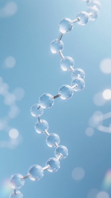 一个具有现代科技感的3D分子结构设计，采用透明玻璃质感的球体和银色金属连接线构成，分子链呈现优雅的螺旋上升形态，悬浮在柔和的浅蓝色渐变背景中，背景带有朦胧的光晕和光斑效果，整体画面明亮通透，光影层次丰富，分子结构细节清晰，球体表面有细腻的反光和高光处理，营造出纯净、高科技的氛围，符合科学主题的视觉表现。预览效果