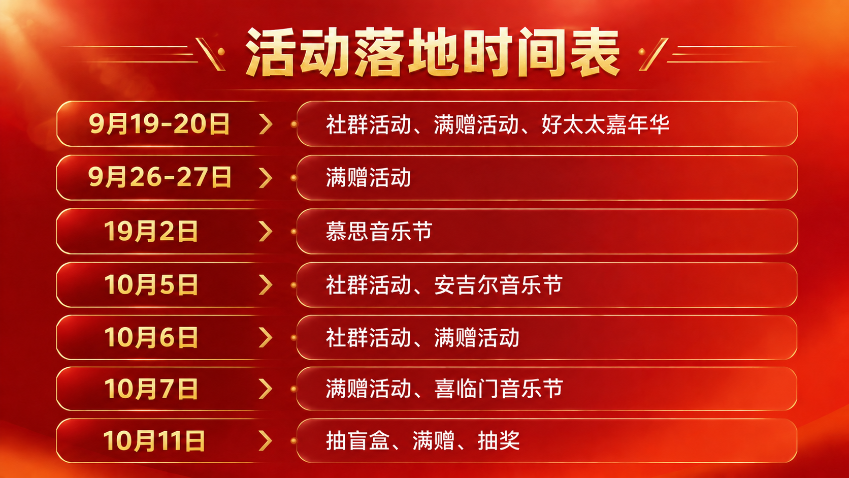 在这张活动落地时间表PPT中，在9月19-20日和10月2日之… - 图片创意预览
