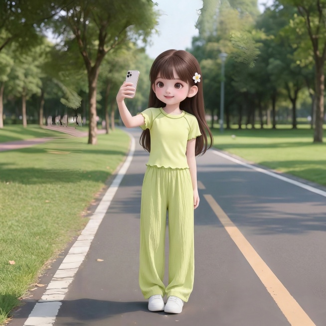 把图1的短袖和裤子给图的2的人物穿上，保留原场景光影，保持图2的人物的五官和发型不变，图片宽高尺寸不变，背景不变，鞋子变为白色运动鞋，人物姿势不变，保持图1的短袖和裤子的款式材质不变和颜色不变预览效果