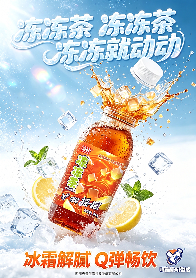 将这张饮料海报重新绘制生成分离图层的psd可编辑版本，保留原图所有元素、文案和布局不变