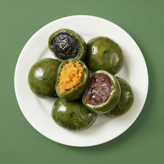 增强青团的食欲感，提升光泽度和馅料质感，保持原有排列方式和俯视角度不变预览效果