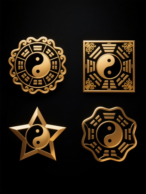 纯黑色纯色背景上，四个造型完全不同的金色八卦元素系列素材规整排布。每个八卦元素均保持传统太极阴阳鱼核心图案与外圈八卦符号的经典内容，同时在整体形态上各具特色：有的采用圆形八卦盘造型，边缘有金色云纹缠绕；有的设计为方形八卦图，四角点缀金色吉祥纹样；有的呈现八角星芒状八卦形态，线条棱角分明；有的则是不规则多边形轮廓的八卦构图，边缘有流动感的金色装饰线条。所有八卦元素均以黑色为底色，太极阴阳鱼及八卦……预览效果