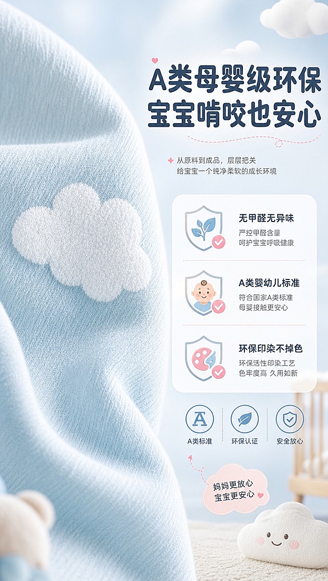 [商品] 使用【图4】雪尼尔提花云朵窗帘面料特写；保留浅蓝底色、白色云朵提花、毛绒肌理质感；商品处理：增强面料纯净感与细腻纹理，突出环保材质的安心质感，保持颜色和纹理不变。
[画面] 页面目标：母婴安全认证展示，强调A类母婴级环保材质的安全性。构图：左图右文，面料特写占画面55%，右侧安全认证信息区。阅读动线：右上标题→右中认证说明→左侧面料特写。前中后景：前景面料肌理、中景云朵提花图案、后景柔和虚化光晕。场景：纯净柔和的面料特写，周围环绕安全认证图标与婴儿房元素，营造安心氛围。
[视觉] 套系策略：风格=温馨治愈儿童房商业摄影风；标题字=圆润粗黑体；正文字=圆角无衬线体；主色=马卡龙浅蓝；背景延展=基于浅蓝做同色系深浅渐变、云朵白层次、柔和织物质感；强调色=奶油白+淡粉，仅用于小面积图标、引线和标签；标题色=深雾霾蓝；正文色=中暖灰；组件=圆角软底信息卡、云朵形装饰、曲线引线、盾牌形安全图标；光影=均匀柔和漫射光，干净明亮。
[文字] 右上主标题「A类母婴级环保」，副标题「宝宝啃咬也安心」，右侧圆角卡横向列出3个安全卖点：无甲醛无异味、A类婴幼儿标准、环保印染不掉色。配盾牌安全图标和婴儿小图标。
[规格] 图片比例9:16竖版，4K分辨率，淘宝/天猫详情页风格，避免变形、错字、文字过小、冷灰调、颜色偏差、出现医疗化表述、出现平台Logo水印。