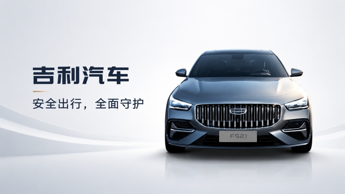去掉背景只保留汽车，设计为公众号首图，比例16:9，添加文案："吉利汽车   安全出行，全面守护"，保留汽车主体，纯净背景，排版简洁大气预览效果