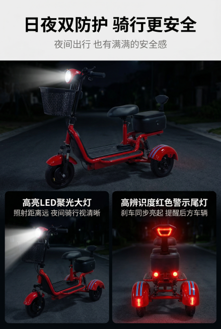 2:3竖版电商详情页夜间安全卖点屏，8K超高清，写实夜景摄影风格，暗调环境突出灯光效果，杂志级精致排版，整体风格与前屏统一。画面主体为夜间环境下的电动三轮车，左侧展示高亮LED大灯开启的照明效果，右侧预览效果