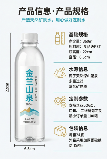 2:3竖版电商详情图，新中式极简风，杂志级规整排版。画面主体：左侧为金澜山泉360ml定制矿泉水瓶身正面高清展示，瓶身贴标清晰可见；右侧为产品规格信息区，背景为纯净米白色，搭配青蓝色细线条分割信息模块预览效果