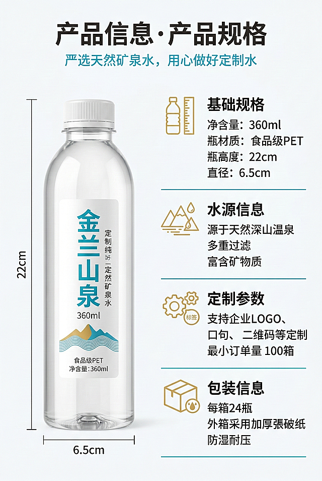 2:3竖版电商详情图，新中式极简风，杂志级规整排版。画面主体：左侧为金澜山泉360ml定制矿泉水瓶身正面高清展示，瓶身贴标清晰可见；右侧为产品规格信息区，背景为纯净米白色，搭配青蓝色细线条分割信息模块。信息布局：顶部居中主标题“产品信息・产品规格”，颜色为炭黑色，使用思源黑体加粗；副标题“严选天然矿泉水，用心做好定制水”，颜色为青蓝色，使用思源黑体常规；右侧规格区分为四大模块，用金色图标引导：基础规格：净含量360ml，瓶身材质为食品级PET，瓶身高度22cm、直径6.5cm；水源信息：源自天然深山山泉，经多重过滤，富含矿物质；定制参数：支持企业LOGO、广告语、二维码等定制，起订量100箱；包装信息：单箱24瓶，外箱采用加厚瓦楞纸，防潮抗压。正文使用思源宋体，文字颜色为炭黑色，强调色用品牌青蓝色与金色。严格还原产品图的包装设计、颜色、LOGO位置、文字内容、图案元素等所有细节，产品与场景物体大小比例协调，视觉比例1:1，无突兀感。整体设计清晰规范，信息层级分明，商业级质感，产品与信息区视觉平衡，排版符合杂志参数页风格。避免产品变形，包装细节缺失，文字排版混乱，模块分割不清晰，规格数据错误，背景杂乱，低清晰度，色彩偏差，图标风格不统一，光影生硬。