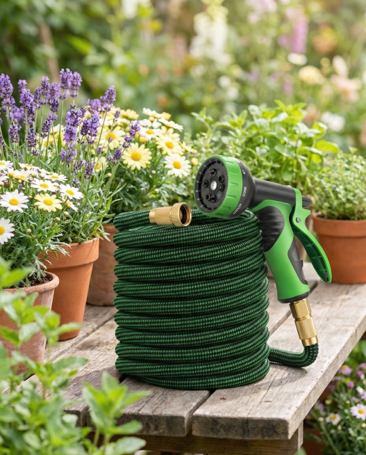 产品是绿黑色花园水管套装
核心物品：绿黑色可伸缩编织水管（已盘绕成圈）、绿黑金色浇水水枪（带多档位喷头）、金色快速接头
环境元素：木质桌面、盆栽植物（薰衣草、雏菊、绿叶植物）
人物与场景
人物：无人物预览效果