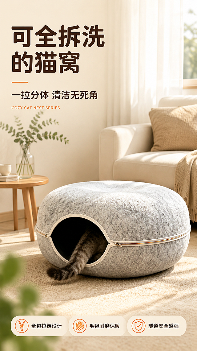 [第1屏] 详情页头图-浅灰色全包拉链可拆洗毛毡猫窝新品宣传海报。本屏使用【图1】中上层浅灰色猫窝作为商品主体。
[氛围/风格] 温馨治愈家居风，柔和自然光感，商业摄影质感，暖调生活方式氛围。
[元素布局] 浅灰色甜甜圈隧道猫窝置于画面中下方偏右，占比约55%-60%；背景为明亮的北欧风客厅一角，有米白色沙发、原木边几、透明花瓶插着尤加利叶、白色纱帘透进阳光；前景有浅米色地毯，猫窝入口处露出一小段猫咪尾巴增加生动感；猫窝物理结构、毛毡材质质感、拉链位置、隧道洞口形状与输入产品图完全一致。
[光影质感] 左上方自然柔光从窗户洒入，右侧柔和补光，猫窝底部有自然浅投影，整体明亮通透有层次。
[配色色系] 全局底色 #F7F2EB（暖米白）；主色浅灰猫窝+暖木色；辅助色米白沙发、浅绿植物、暖橙点缀。
[视角构图] 正面微45°斜侧视角，浅景深，产品为视觉中心，阅读动线左上标题→中部产品→底部信息条。
[文字版式] 版式为左上大标题+右侧产品+底部信息条。主标题「可全拆洗的猫窝」，副标题「一拉分体 清洁无死角」，圆润粗黑体左对齐；标题下方小字英文装饰「COZY CAT NEST SERIES」；底部3个圆角卖点标签横向排列：「全包拉链设计」「毛毡耐磨保暖」「隧道安全感强」；文字不遮挡猫窝主体。
[比例分辨率] 9:16竖版比例，2K分辨率，文字清晰可辨，高清画质。
[负向提示词] 猫窝变形，拉链缺失，颜色偏差，水印，文字错乱，产品图模糊，背景杂乱，猫咪畸形。