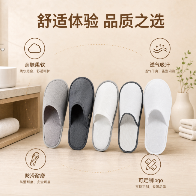 [主图-2] 一次性拖鞋核心卖点展示图。
[氛围风格] 干净通透酒店风，专业品质感
[画质] 商业摄影质感，光线柔和通透，产品清晰真实，画面干净高级
[元素] 保持拖鞋外观（物理结构、材质质感、颜色）预览效果