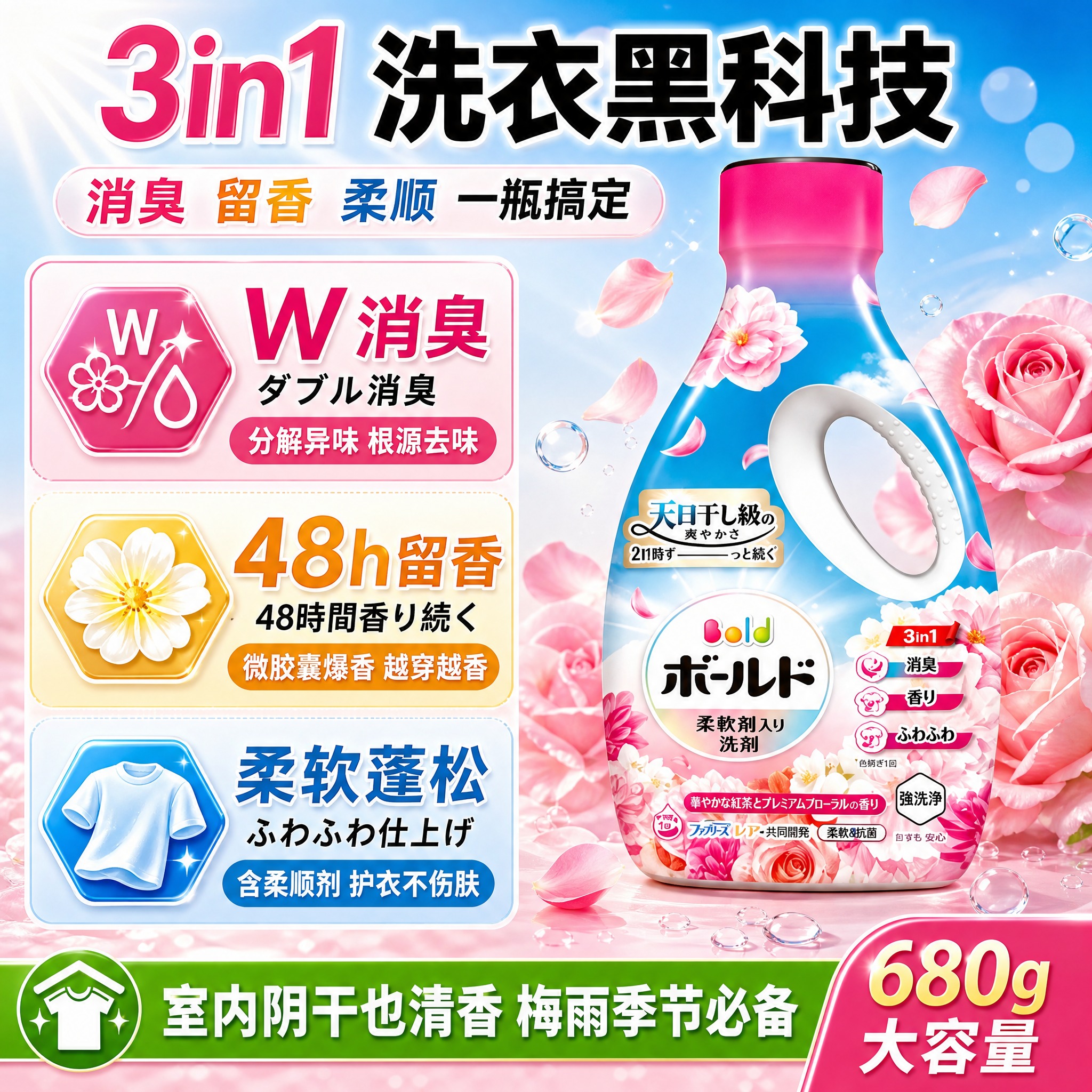 [主图2-1 1:1] 宝洁Bold花香洗衣液 核心卖点功效图… - 图片创意预览
