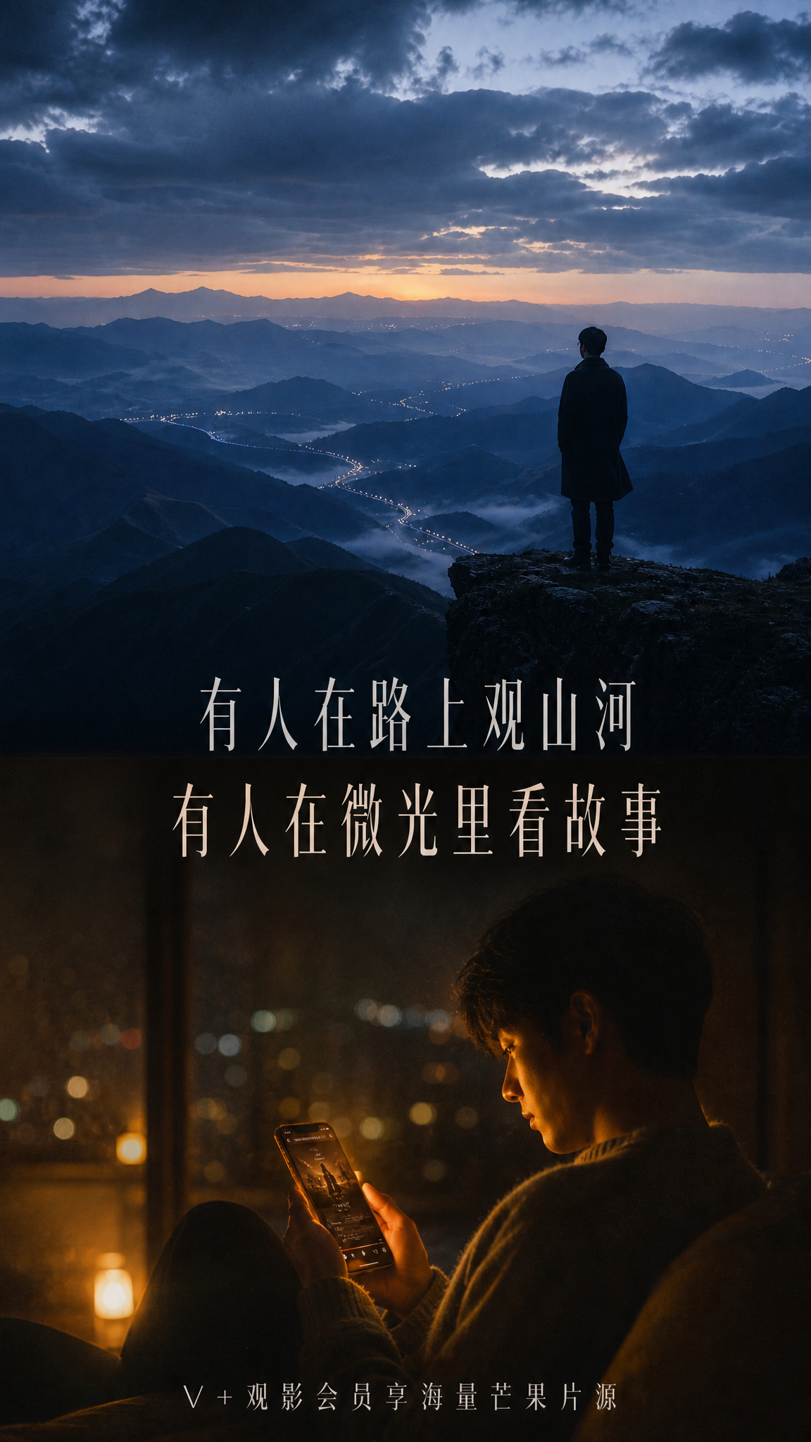 竖屏APP开屏海报，电影质感双拼叙事风格，上下分屏结构，纯净无… - 图片创意预览