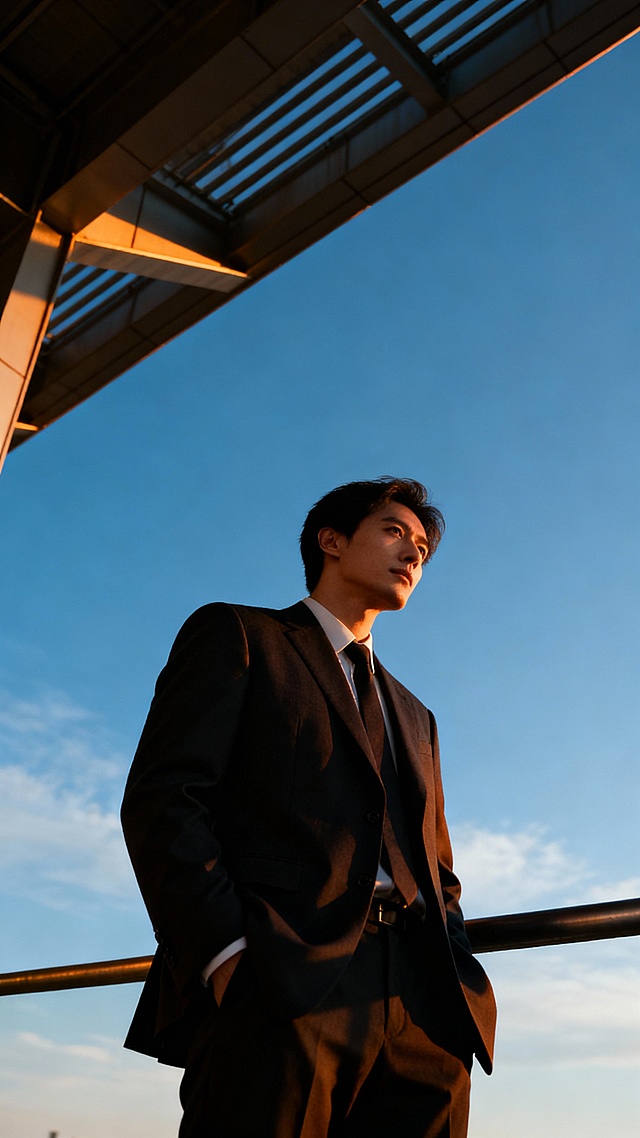 帮我生成20张明星写真图，都市时尚肖像，包含深色西装男性、格纹衬衫中年男性、红发墨镜女性、年轻时尚女性、皮夹克领带男性与侧身扶耳青年，背景涵盖纯色、天空与现代弧线元素，整体比较干净的亮色为主色调，比如白色蓝色，白黄色，暖色等呈现专业、简约且富有疏离感的时尚摄影风格。