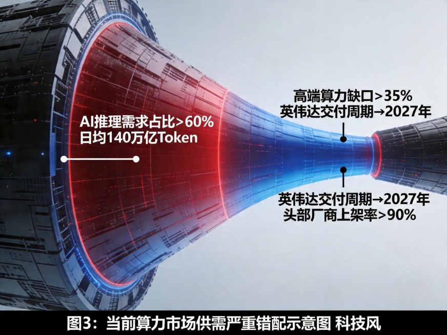 算力供需失衡示意图，工业科技风，漏斗瓶颈形式，左侧为需求端入口宽阔巨大，标注文字"AI推理需求占比>60%"和"日均140万亿Token"，右侧为供给端出口狭窄，标注文字"高端算力缺口>35%"、"英预览效果