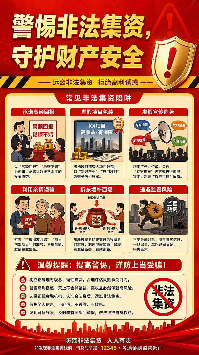 一张防范非法集资的公益宣传海报，画面上方有醒目的标题"警惕非法集资，守护财产安全"，背景为醒目的警示红黄配色，中间展示常见非法集资陷阱示意图，下方配有提醒文字，整体风格正式庄重，宣传主题清晰明确，分辨率4K