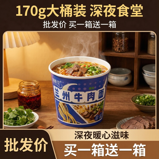 生成10张不同场景的桶装泡面电商主图，比例1:1，170g大桶装 大份量 批发价 买一箱送一箱预览效果