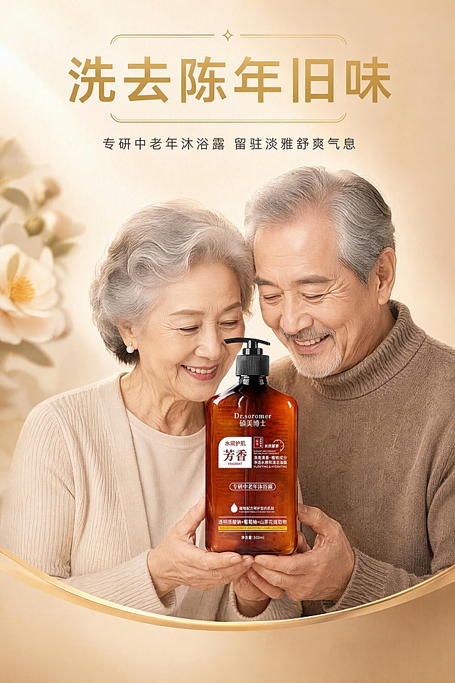 严格还原上传产品参考图，精准复刻包装设计、产品配色、LOGO位置及比例、文字内容及字体、图案元素及细节，无任何偏差，色彩无失真；产品与画面中其他物体的比例遵循真实物理空间逻辑，视觉协调，比例还原1:1。第1屏首屏主KV，中老年沐浴露温情夫妻场景。暖棕轻奢中老年温情风，整体奶咖渐变柔和背景，无杂乱杂物。画面中下部不规则柔金色波浪边框内，一对银发中老年夫妻温情依偎，两人双手共同捧着硕美博士琥珀棕沐浴露瓶身，产品瓶身结构、颜色、标签、泵头与参考图完全一致。画面左侧虚化浅棕山茶花朦胧装饰，不遮挡人物产品。主标题："洗去陈年旧味"，金色字体，位于画面顶部1/5居中；副标题："专研中老年沐浴露 留驻淡雅舒爽气息"，黑色小字，在主标题下方居中。上下对称居中版式，顶部留白22%，底部留白18%，视觉焦点集中中间人物与产品。左侧45°柔光漫射，人物皮肤通透柔和，瓶身通透琥珀高光，阴影浅淡无硬边。文字全部无衬线简约字体，主次层级清晰，金色细线条装饰边框，氛围感温馨治愈。2:3竖版比例，300dpi高清细腻质感。