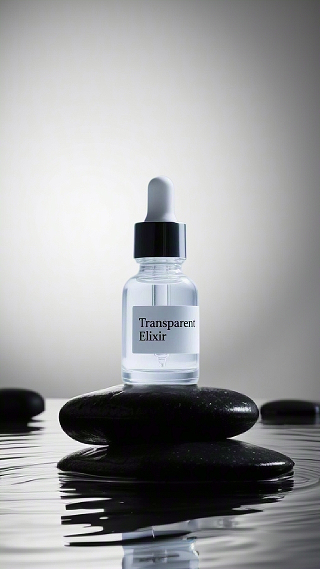 产品放置在在黑色太湖石上面，底部是波光粼粼的水面，背景是银色，极简主义，景深