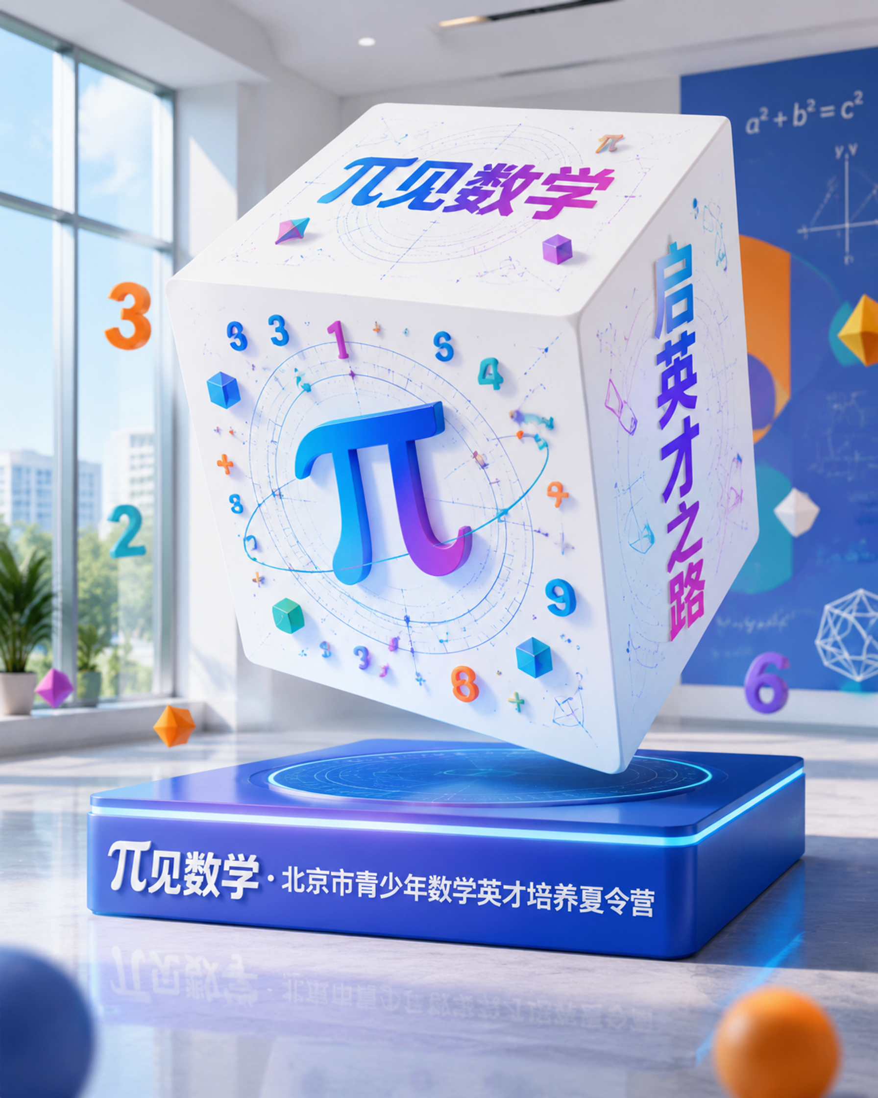 一个大型白色正方体装置立体效果图，放置在蓝色方形底座上，青春活… - 图片创意预览