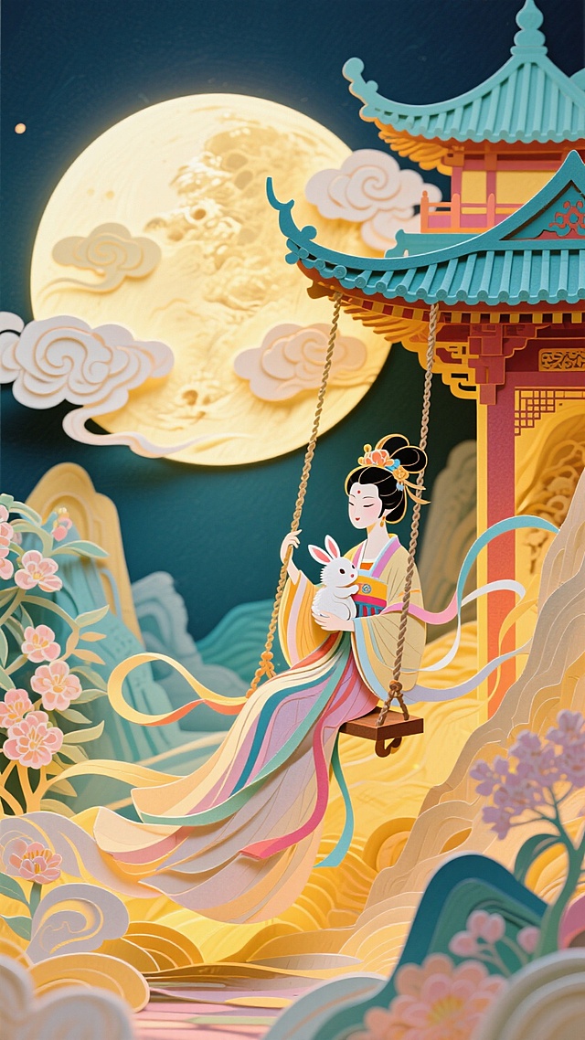 国潮，极繁主义，嫦娥怀抱玉兔坐在秋千上，她的身后是广寒宫，她们居住在一轮巨大圆月上，秋千绳索装饰有桂花，祥云流动环绕整个画面，背景含大量中国风花卉元素和山水，迷幻，意识流
