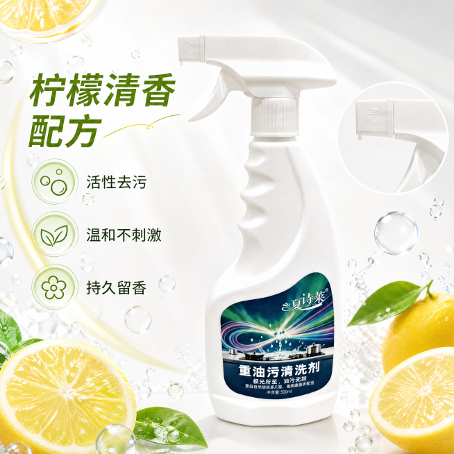 [主图-3] 柠檬清香配方成分展示
[氛围风格] 纯净清新，安全安心
[画质] 商业摄影质感、细节清晰锐利，通透干净
[元素] 夏诗莱油污净瓶身居中，左侧围绕新鲜柠檬切片与透亮气泡阵列展示，突出柠檬清预览效果