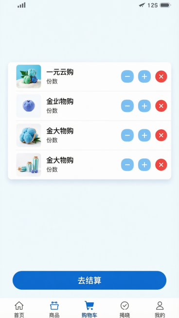 一元云购移动端购物车页面设计，购物车商品条目带有份数加减按钮（-和+）和删除按钮，底部汇总区显示"去结算"按钮，底部导航栏（首页、商品、购物车、揭晓、我的），现代UI设计风格预览效果