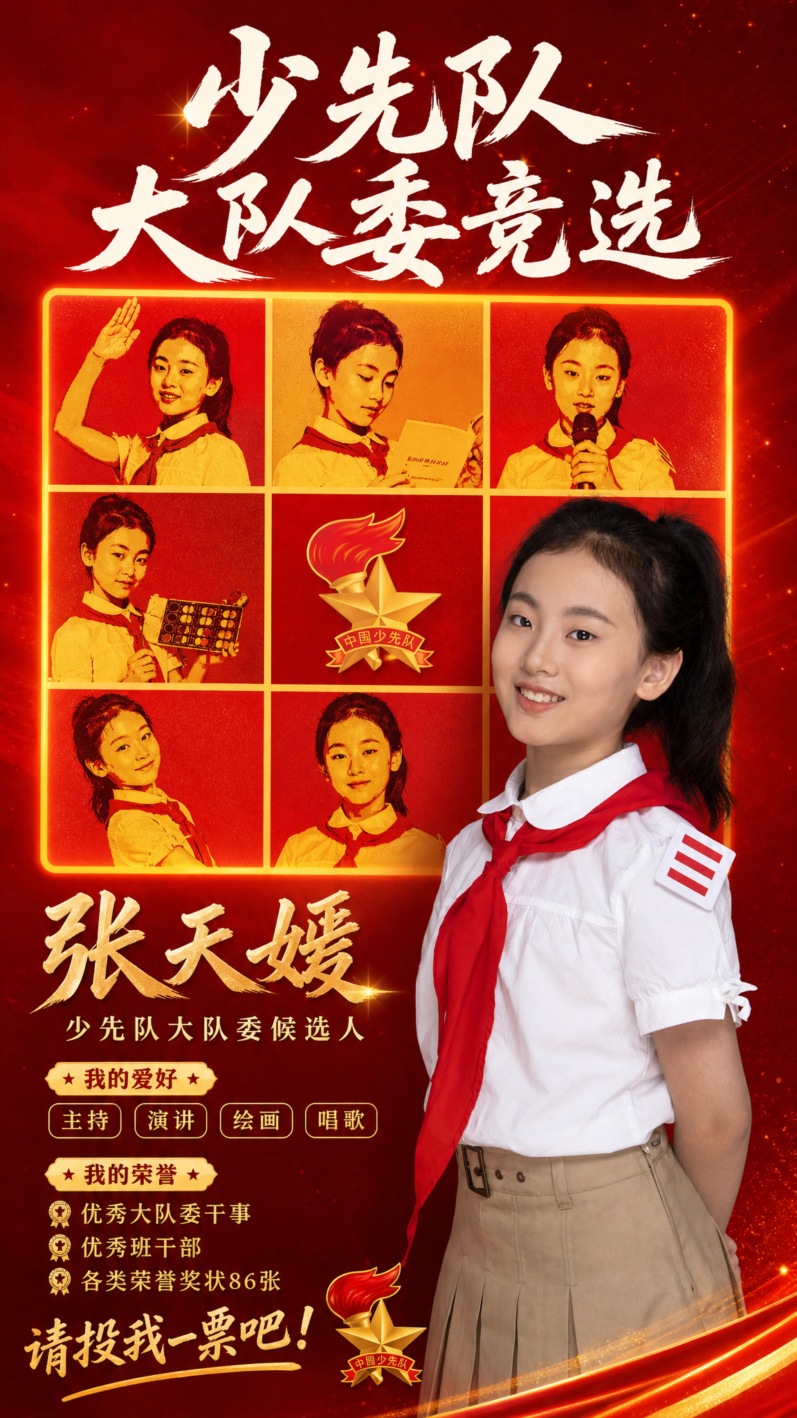 少先队大队委竞选海报，竖版9:16，参考第一张图的版式骨架：顶… - 图片创意预览