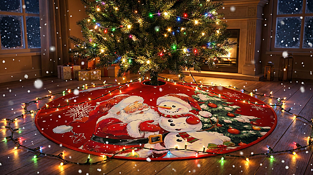 以图中的圣诞树裙为元素,树底罩，带圣诞雪人图案,圣诞节,设计6张跟圣诞树裙有关的图,比例 「16:9」