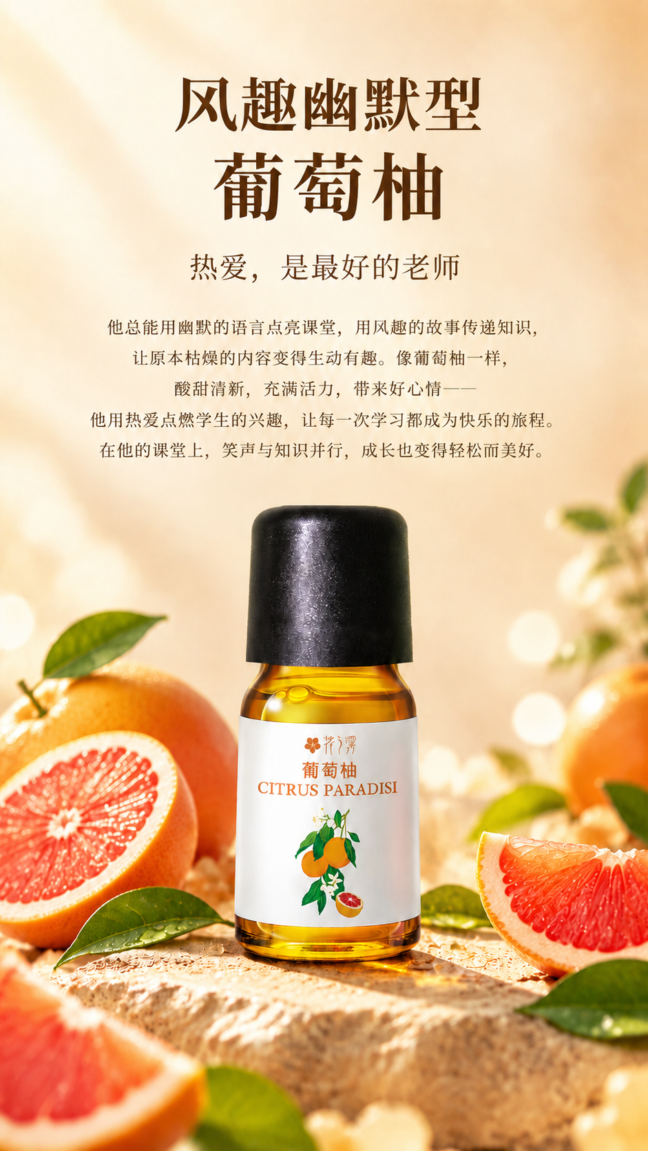 葡萄柚精油教师节海报，基于上传的葡萄柚海报进行修改：仅调整主标… - 图片创意预览