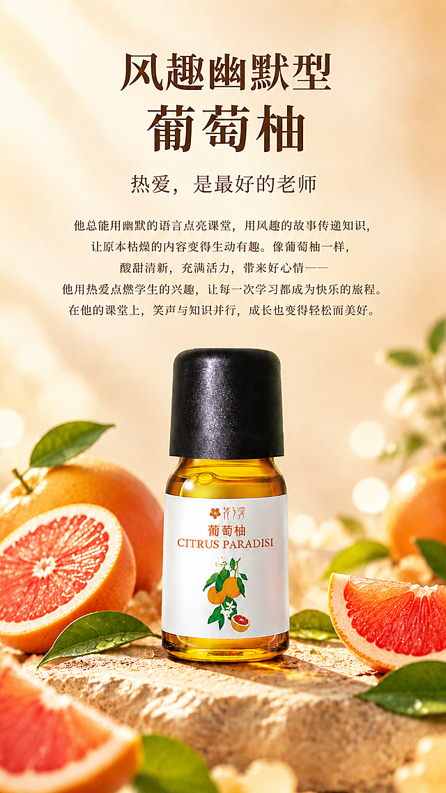 葡萄柚精油教师节海报，基于上传的葡萄柚海报进行修改：仅调整主标题的排列和字号大小，主标题字体颜色维持原图深棕色不变。主标题分两行上下居中排列：第一行"风趣幽默型"、第二行"葡萄柚"，两行字号大小、行间距与乳香海报的主标题完全一致（参考乳香海报的主标题比例）。副标题和正文内容、位置、颜色均保持不变。精油瓶和背景场景、葡萄柚果实、绿叶、光影等所有其他元素均保持原样不变。只改主标题大小和排列，其他一切不动。竖版9:16，超高清2K画质，写实商业摄影风格。