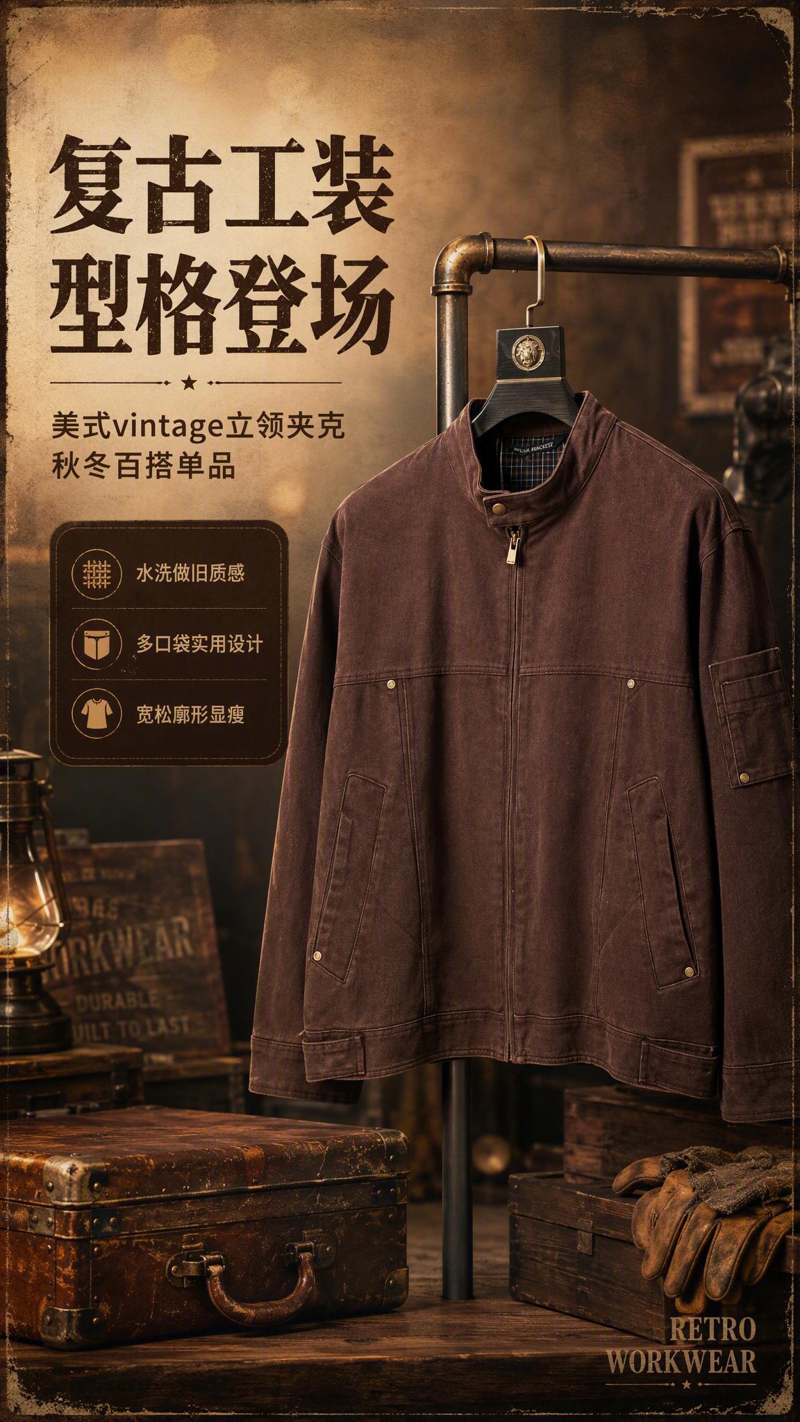 [商品] 使用【图1】深棕色立领工装夹克；商品处理：保留立领、… - 图片创意预览