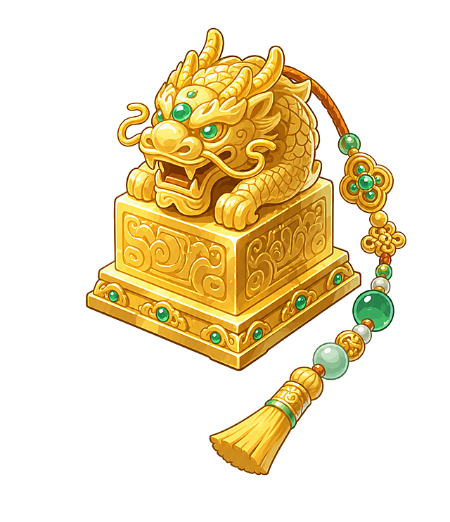 参考图中的Q版卡通国风御玺造型，将整体改为全黄金材质，龙钮和玺身均为亮面黄金质感，上面镶嵌祖母绿宝石作为装饰，保留右侧挂饰流苏但缩短穗子长度不要太长，浅米色背景，国潮插画风格，精致细腻，游戏道具质感