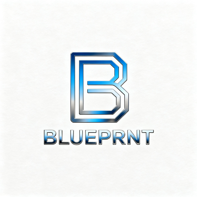 以字母B为主要元素设计一个简约科技感现代风logo，包含辅助文字"BLUEPRNT"，极简设计，简洁不复杂，科技蓝渐变金属质感，极简几何线条设计预览效果