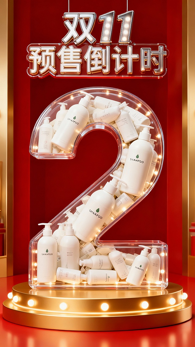 将图中的商品裂变出无数个（商品比例外观一致），通过旋转堆叠的方式填充到“2”数字形状的透明容器中，透明容器被商品填满不留一丝空隙。“2”立在金色展台上，背景是红金色促销氛围，灯光装饰容器，画面上方为金属时尚大字灯牌“双11 预售倒计时”。